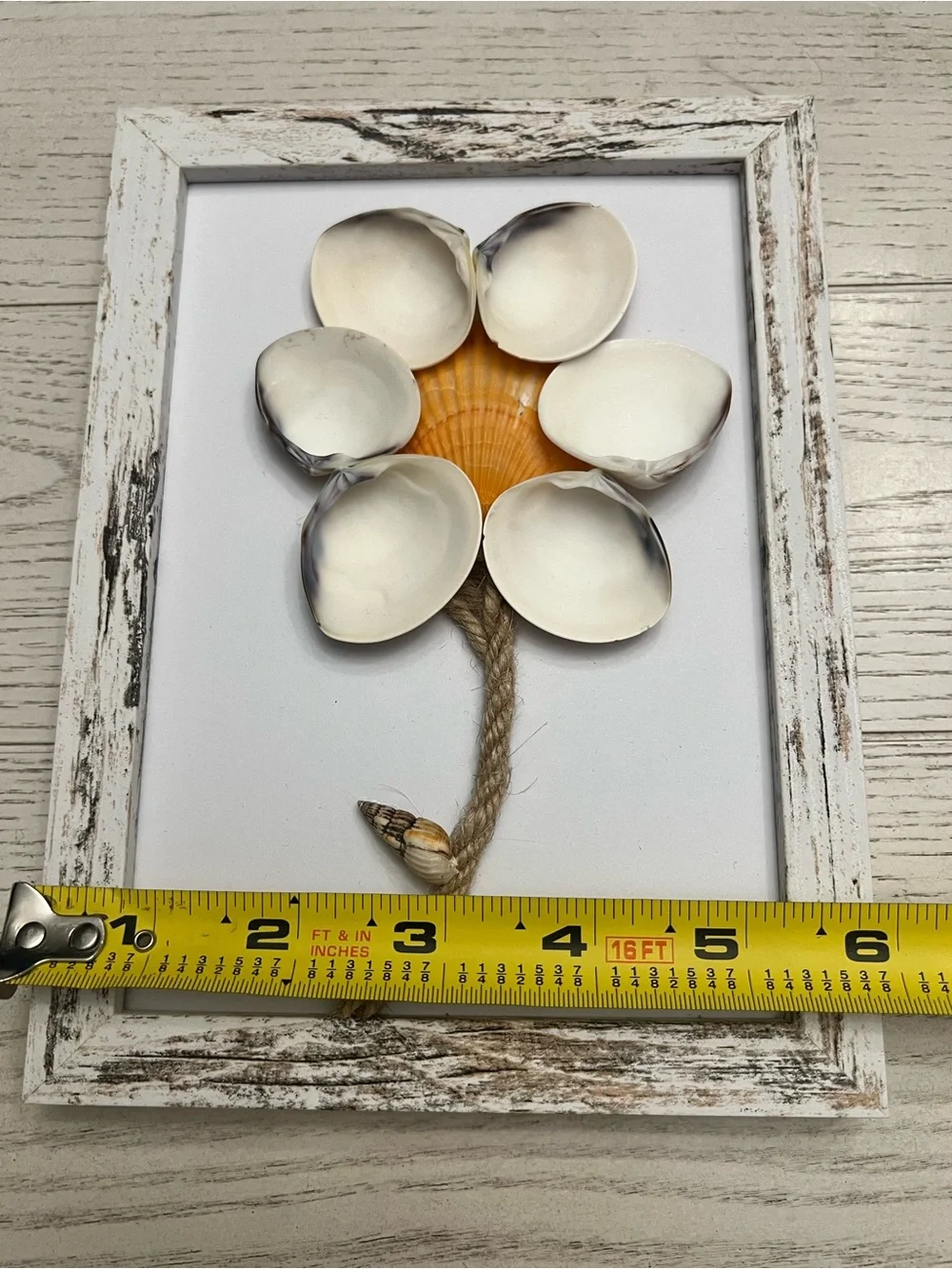Handmade Seashell Flower Art in White Distressed Frame